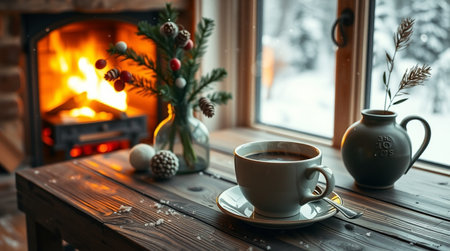 Cup of coffee on a wooden table in front of the fireplaceの写真素材