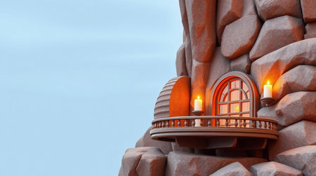 3d rendering of a stone castle with a window and a lanternの写真素材