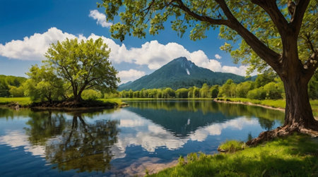 Beautiful summer landscape with a lake and a mountain in the background