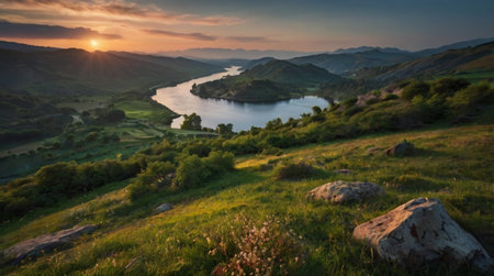 Beautiful sunset over lake in the mountains. Panoramic viewの写真素材