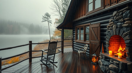 Wooden house on the lake in a foggy day. 3d renderingの写真素材