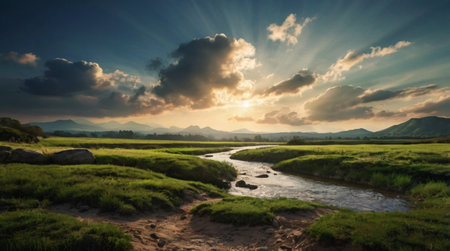 Panoramic view of rice field and river at sunset time.の写真素材