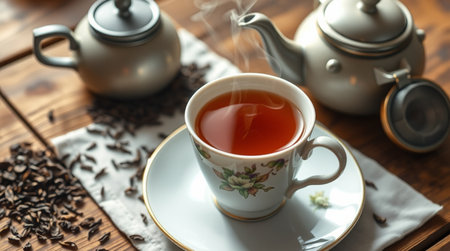 Cup of tea and teapot on wooden table, closeupの写真素材