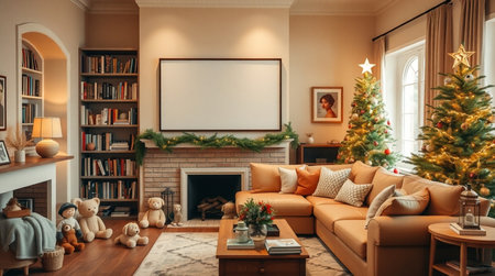 Living room interior with Christmas tree, fireplace and sofa. Filtered imageの写真素材