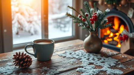 Cup of coffee on a wooden table near the fireplace in winterの写真素材