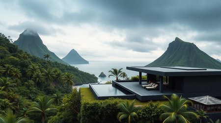 Aerial view of luxury villa with swimming pool and sea viewの写真素材