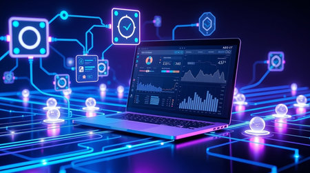 Laptop with glowing digital interface on dark blue background 3D rendering