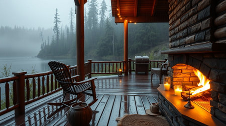 Wooden terrace with fireplace on the background of mountains and fogの写真素材