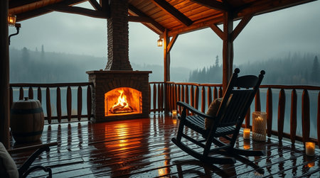 Interior of a wooden house with fireplace and rocking chair in the mountainsの写真素材