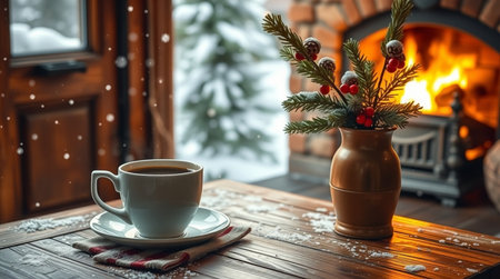 Cup of coffee on a wooden table with a Christmas tree in the backgroundの写真素材