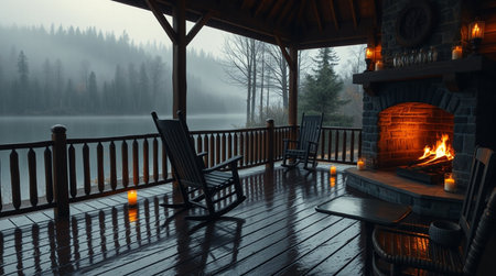 Wooden terrace with fireplace on foggy lake in the morningの写真素材