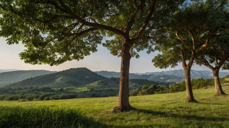 Beautiful landscape in the mountains with trees and green meadows.の写真素材