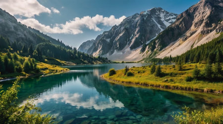 Panoramic view of alpine lake in the mountains. Summer landscape.の写真素材