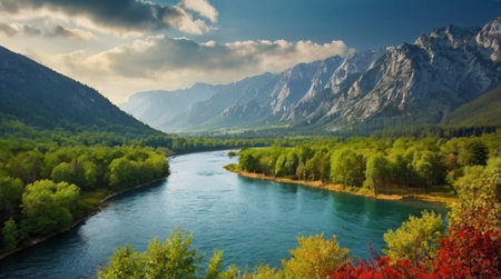Panoramic view of the Katun river, Altai Republic, Russiaの写真素材