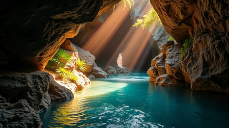 Cave with turquoise water and sunbeams in the seaの写真素材