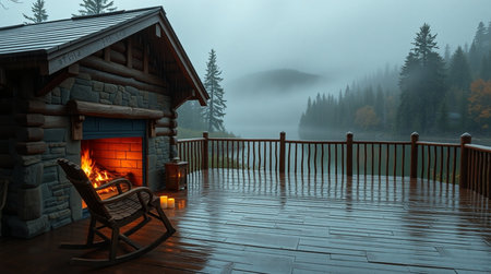 Wooden cottage in the mountains with a fireplace. 3d renderingの写真素材