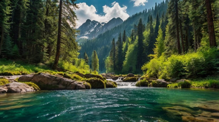 Panorama of a mountain river in the middle of coniferous forestの写真素材