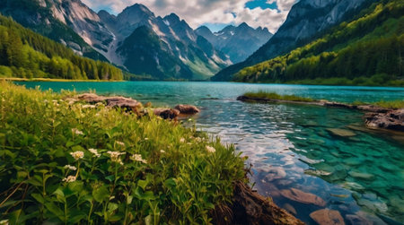 Beautiful mountain lake in the mountains. Landscape with mountain lake.の写真素材