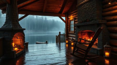 Wooden house in the forest at night with fireplace and rocking chairの写真素材