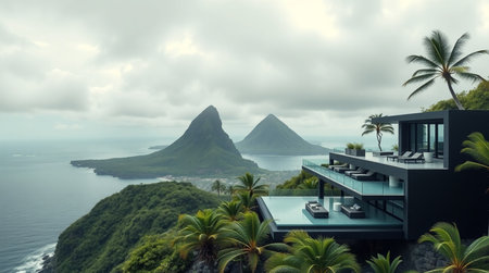 View from the balcony of a modern villa overlooking the sea and the volcanoの写真素材
