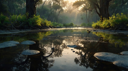 Morning sun shines through the trees in the Everglades National Park, Floridaの写真素材