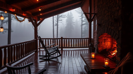 Wooden terrace with a fireplace in a foggy winter nightの写真素材