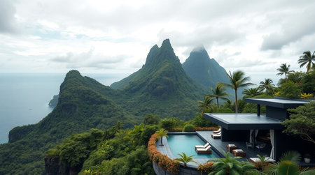 Panoramic view of beautiful villa in the tropics.