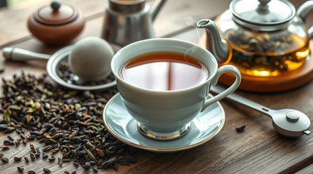 Cup of tea and teapot on wooden table, closeup