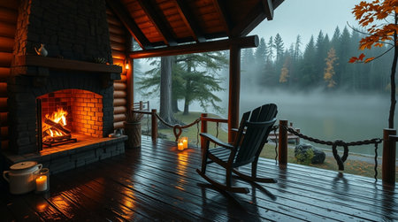 Wooden terrace with fireplace and rocking chair in foggy forestの写真素材