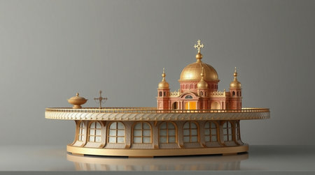 3d illustration of golden orthodox church with golden domes on grey backgroundの写真素材