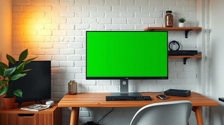 Modern workspace with computer with green screen mockup, 3D renderingの写真素材