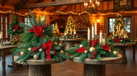 Christmas interior with fir tree and candles. Festive christmas decoration on wooden tableの写真素材
