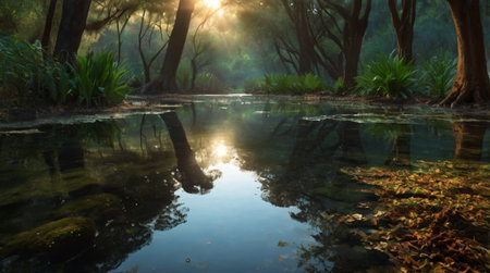 reflection of trees in the water of a river in the forest