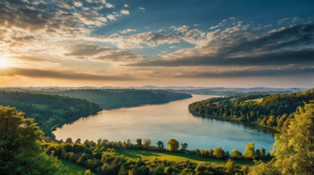Panoramic view of the Danube river at sunset, Romaniaの写真素材