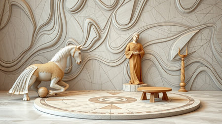 3d rendering of a modern interior with a statue and a horseの写真素材