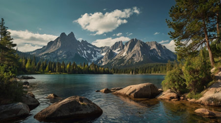 Panoramic view of the lake and mountains in Banff National Park, Canadaの写真素材