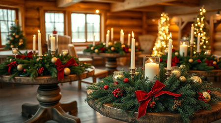 Christmas decoration with candles and fir tree branches on wooden table in living roomの写真素材
