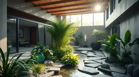 Modern villa garden with plants. 3d rendering, 3d illustration.の写真素材