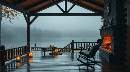 3D rendering of a wooden house in the middle of a foggy lakeの写真素材