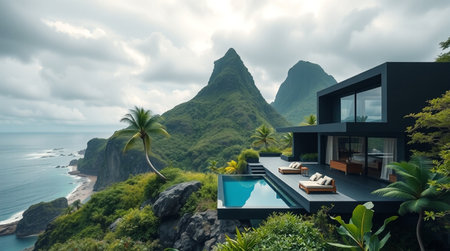 3d rendering of modern cozy house with pool and parking for sale or rent. Beautiful tropical island...