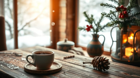 Cup of coffee on a wooden table near the window in winterの写真素材