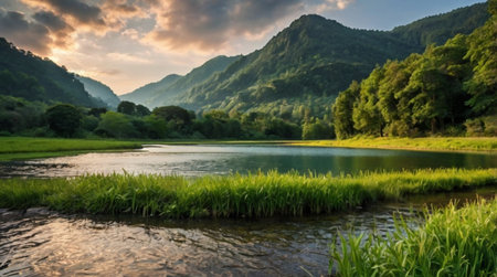 Beautiful panoramic view of the river and mountains at sunsetの写真素材
