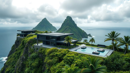 Aerial view of luxury villa on the hill with ocean view