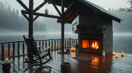 Lake in a foggy morning. Wooden gazebo on a wooden pier.の写真素材