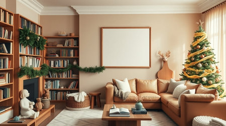 Mock up poster frame in interior of living room with Christmas tree, sofa and armchair. 3D renderingの写真素材