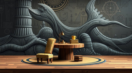 wooden table and chair in the interior of the fantasy world, 3d illustrationの写真素材