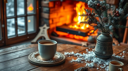 Cup of coffee and Christmas tree on wooden table in front of fireplaceの写真素材