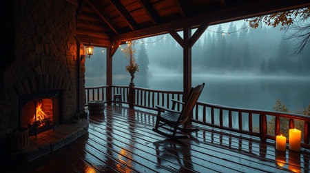 Wooden deck with fireplace on the background of foggy forest.の写真素材