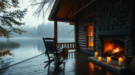 Wooden house with fireplace on the lake. 3D rendering.の写真素材