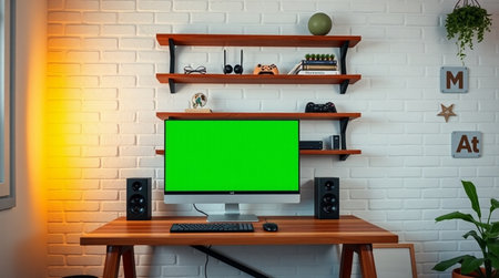 Modern home office with green screen chroma key mockup. Workplace with computer, bookshelf, coffee table and other items.の写真素材